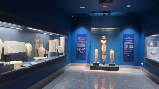 Saqqara, Egypt - Feb 5, 2024: collection of ancient Egyptian artifacts on display at the Imhotep Museum near Saqqara, showcasing the rich history and craftsmanship of the Old Kingdom.