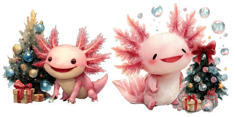 Festive axolotls enjoying Christmas with gifts and decorated trees.
