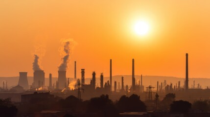 Fototapeta premium Industrial complex by the seaside with smoking chimneys, power line towers,