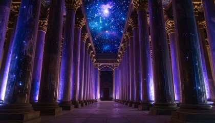 Obraz premium Hallway with Pillars Leading to a Glowing Starry Sky