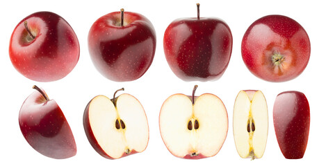 Fresh red apples rich collection - glossy red apples - whole, half and quarter with tail, different sides, isolated on white background. Studio shot. Summer natural food, fruits as design elements.