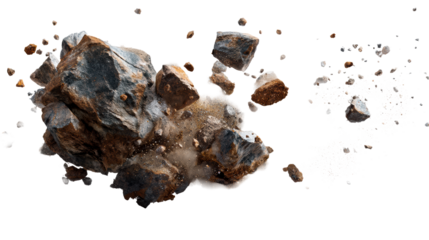 Rocks breaking apart with dust and debris scattering during collision