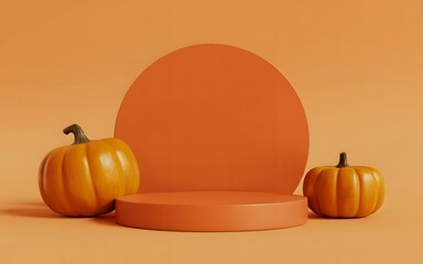 Halloween podium display with pumpkins and bats on an orange background