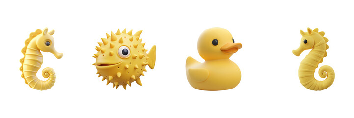 Fototapeta premium Yellow Sea Creature Toys Collection. Playful Bath Time Fun For Kids Isolated On Transparent Background