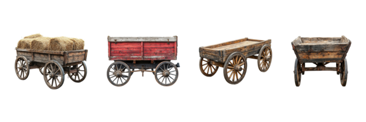 Vintage Wooden Carts Collection. Rustic Agricultural Transport And Historical Farming Tools Isolated On Transparent Background