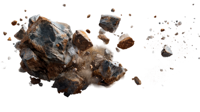 Rocks breaking apart with dust and debris scattering during collision