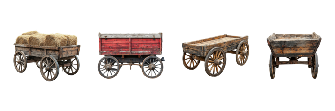 Vintage Wooden Carts Collection. Rustic Agricultural Transport And Historical Farming Tools Isolated On Transparent Background