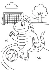 coloring book iguana kicking a soccer ball near a goal.