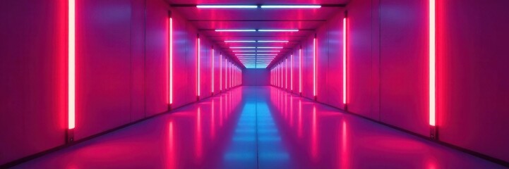 Intersecting neon lasers in a sleek, metallic corridor, metallic, dark