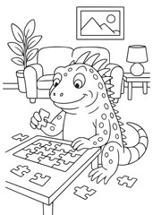 coloring book iguana solving a puzzle on the table.