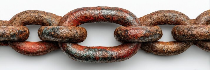 Close-up view of rusty metal chain links showing wear and aging in strong urban setting