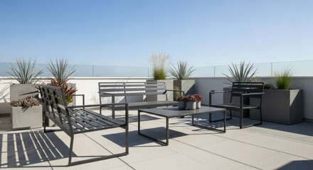 Minimalist Rooftop Oasis with Angular Metal Furniture and Strong Sunlight Shadows