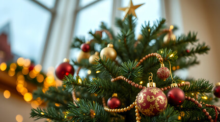 Fototapeta premium Decorated Christmas Tree Adorned With Ornaments and Lights in Cozy Indoor Setting During Winter Season