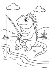 coloring book iguana fishing by the riverbank.