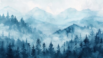Obraz premium Watercolor forest scenery evokes a serene and misty mountainous landscape