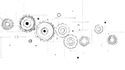 Illustration of interconnected gears and dotted lines creating a mechanical system on a white background