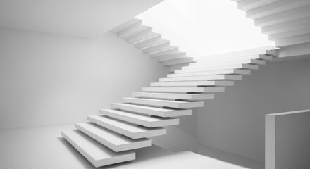 Fototapeta premium Modernist White Floating Staircase Spiraling Towards an Ethereal Light
