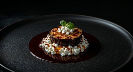 Plated dessert with caramelized top, cream, mint leaves, and chocolate sauce on a black plate