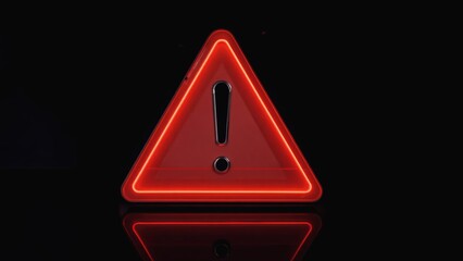 Bright glowing red neon triangular warning sign with an exclamation mark, standing out against a pitch black background, symbolizing danger, alert systems, digital caution or cyber security awareness