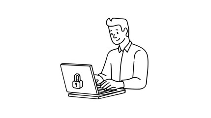 Man using laptop with padlock symbol on screen in a line drawing style on a white background image