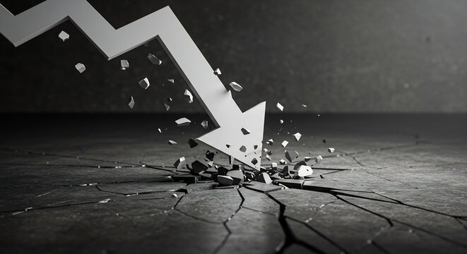 Downward Trend: A 3D Render of a White Arrow Crashing into the Ground, Symbolizing Market Decline, Financial Crisis, and Economic Downturn with Cracks and Shattered Debris