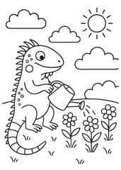coloring book iguana watering flowers in the garden.