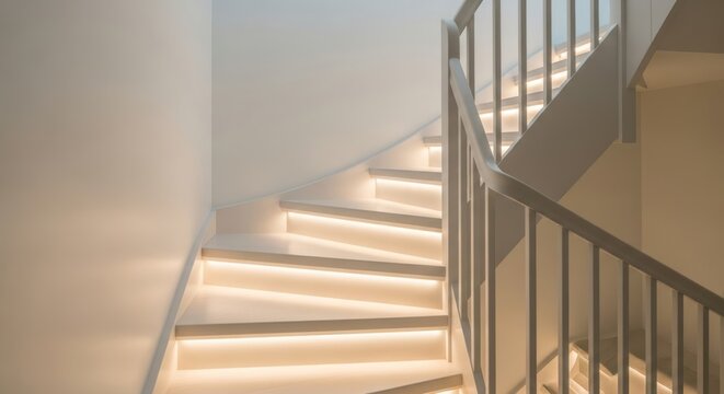 Serene Ascent: Modern Curved Staircase with Soft, Integrated LED Step Lighting