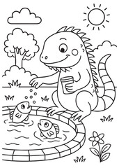 coloring book iguana playing in a small pool with fish.