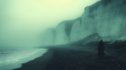 Lone figure walks on a misty beach. Dramatic cliffs meet waves, shrouded in fog. A tranquil yet melancholic coastal scene