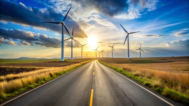 Wind turbines on the road to a sunset