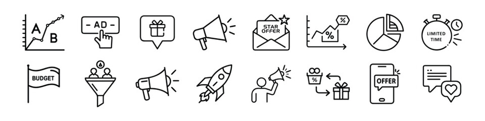 icons of digital marketing, promotion funnel, advertisement budget, product launch, megaphone, campaign strategy, discount offer