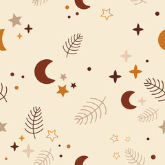 Boho Christmas seamless pattern with branches, moon and stars. Minimal Bohemian New Year background