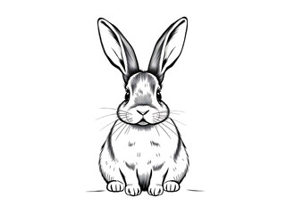 Fototapeta premium rabbit sitting quietly, big ears upright, soft fur drawn in short black strokes, round eyes, centered on blank white background with no scenery