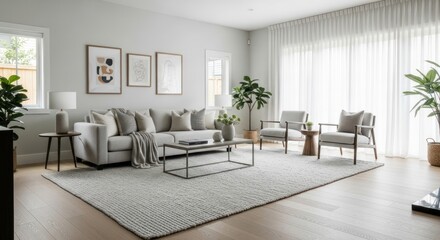 Serene Japandi Living Room with Neutral Tones and Sunlit Sheer Curtains
