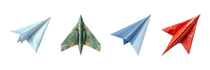 Four Colorful Paper Airplanes. Creativity And Playful Design Concepts Isolated On Transparent Background