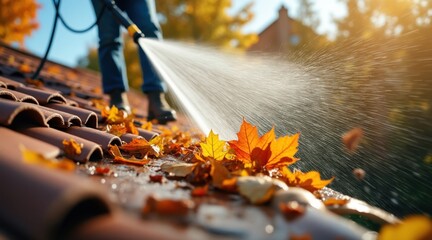 Person cleaning autumn leaves from a tiled roof with a blower