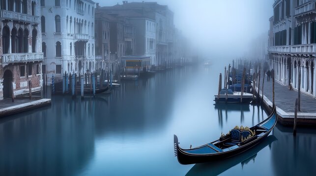 Serene Morning in Venice, Misty Canals Reflecting Iconic Architecture and Gondolas at Dawn