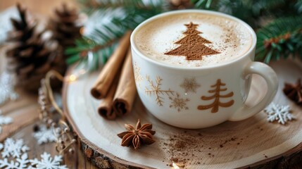Festive Christmas cappuccino art, holiday spiced latte with cinnamon tree design