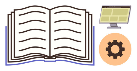 Open book with text lines, gear cog, and monitor highlights learning integration, digital tools, and progress. Ideal for innovation, education, research, technology study solutions digital tools