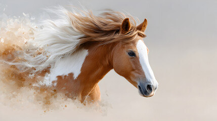 Obraz premium Majestic horse with flowing mane galloping through a soft, blurred background, capturing the essence of freedom and grace in motion. Selective focus