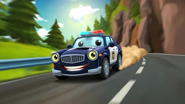A cheerful cartoon police car speeds down a vibrant road.