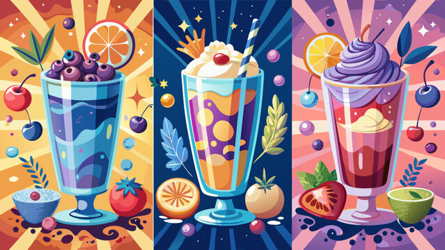 dreamy beverage vertical background collection set, glass of blueberry milkshake, 