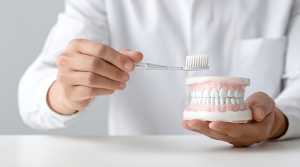 A dentist demonstrating proper teeth brushing techniques using a dental model and toothbrush for educational purposes.