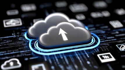 A modern concept of cloud computing illustrated by upload icons and digital interface elements on a dark background.