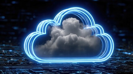 A sleek, digital cloud symbol with glowing blue outlines and a dark background showcasing a modern technological theme.