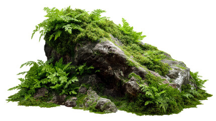 Natural rock formation covered with lush green ferns