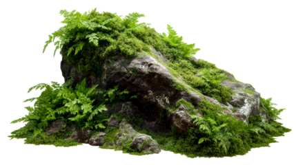 Natural rock formation covered with lush green ferns
