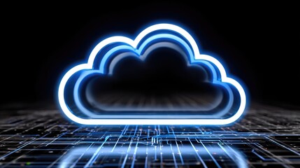 A vibrant neon cloud icon symbolizes cloud computing and digital data storage against a tech-inspired background.