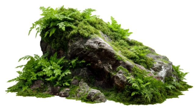 Natural rock formation covered with lush green ferns