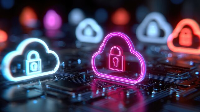 A vibrant showcase of colorful cloud icons with locks representing secure cloud computing and data protection in a digital workspace.